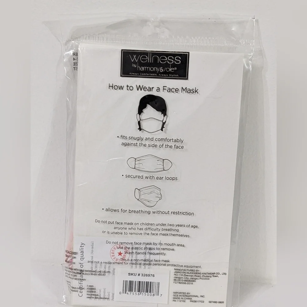 Wellness by Harmony & Sole Toddler Face Mask 2 Ply (3 Pack) ,New In Bag
